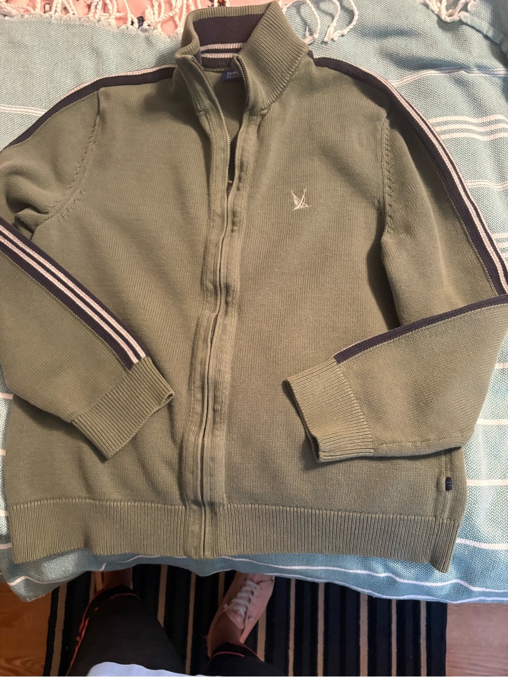 Nautica Olive Green Knit Sweater with Navy & White Stripe Collar